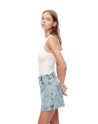 Falda short tiro medio denim 4 bolsillos indigo claro para mujer