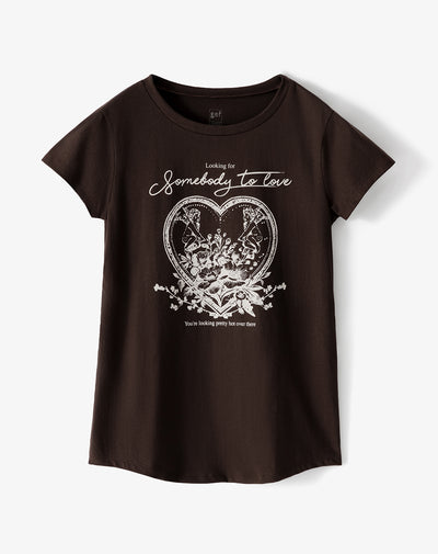 Camiseta regular algodón chocolate estampada mujer