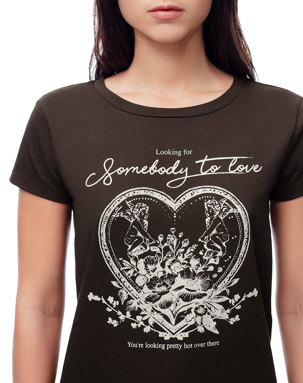 Camiseta regular algodón chocolate estampada mujer