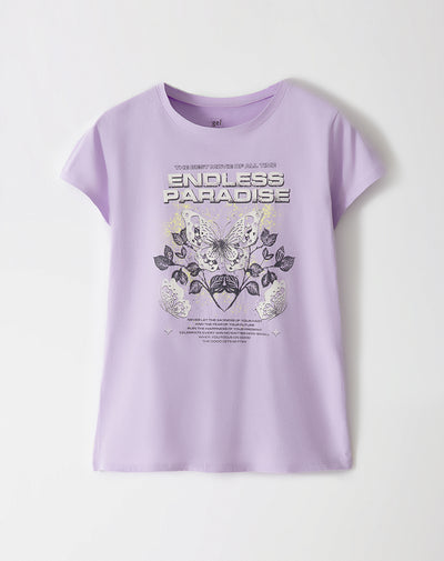 Camiseta regular algodón lila estampada mujer
