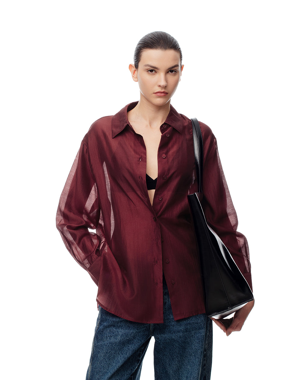 Camisa manga larga oversize vinotinto mujer