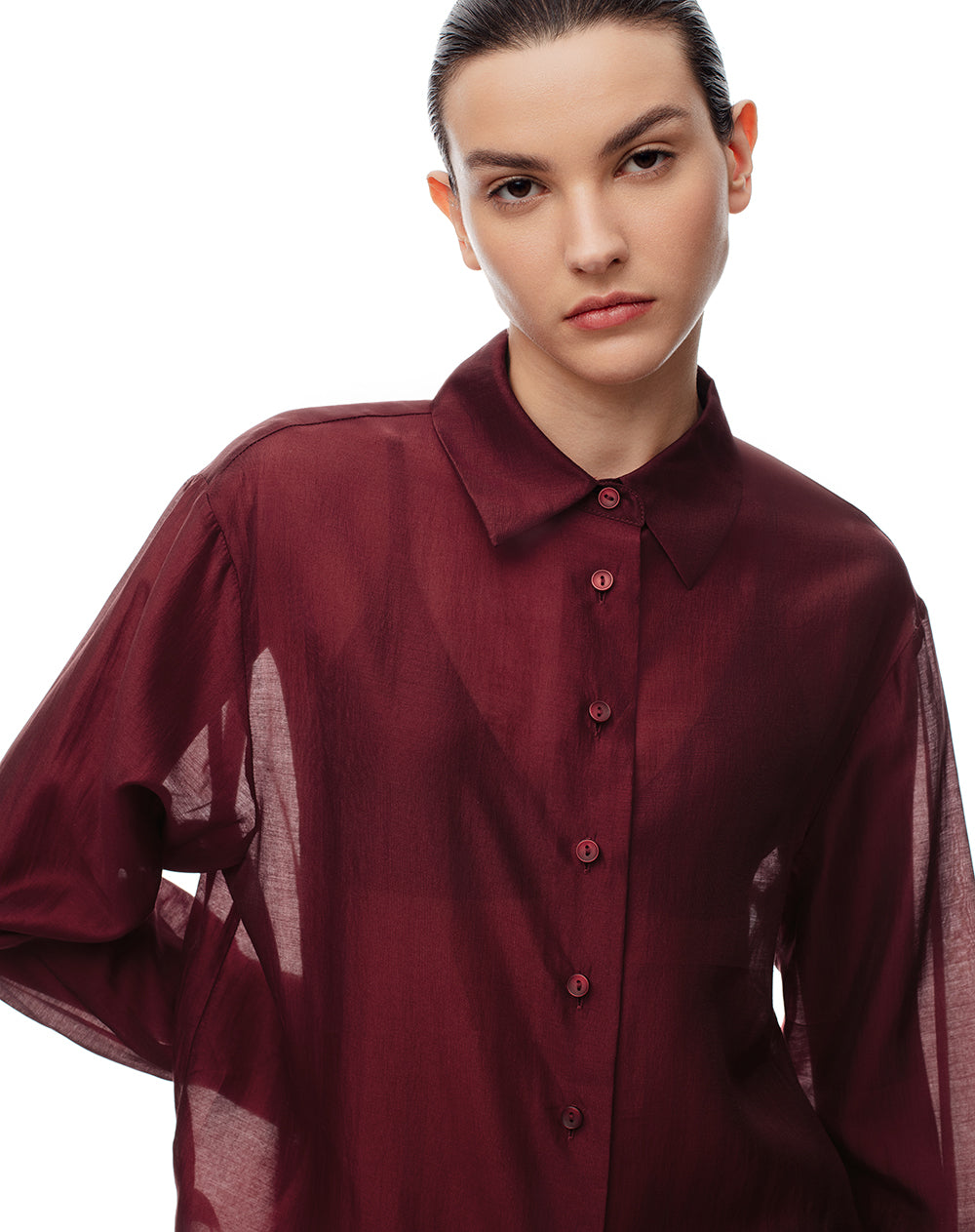 Camisa manga larga oversize vino tinto mujer