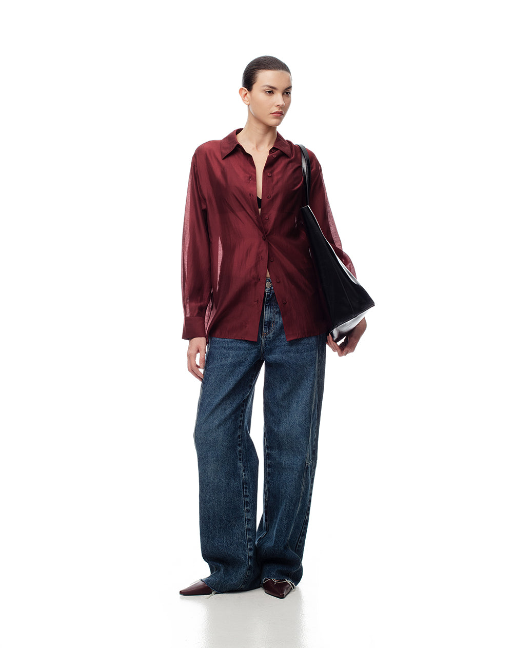 Camisa manga larga oversize vino tinto mujer
