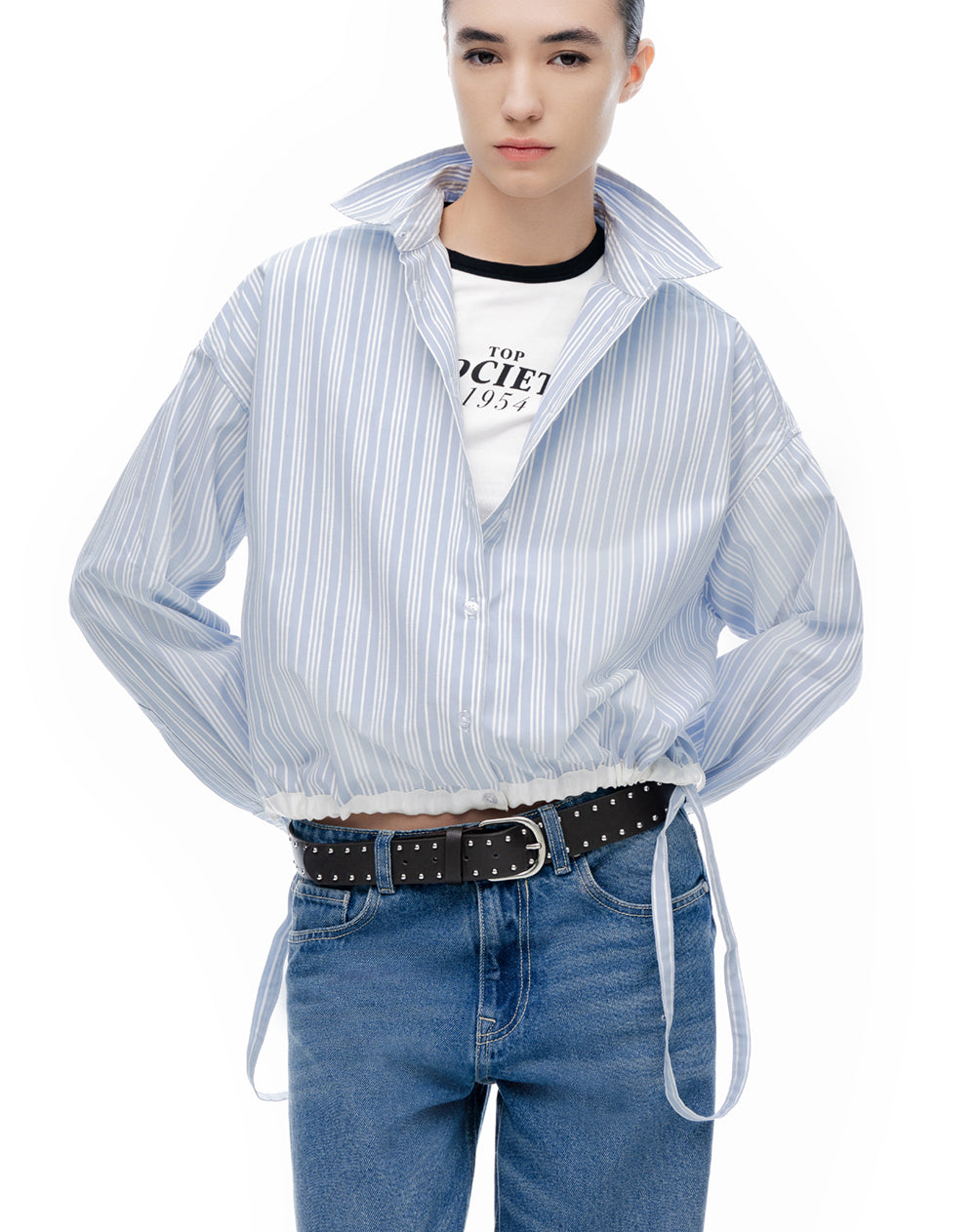 Camisa regular manga larga azul con rayas mujer