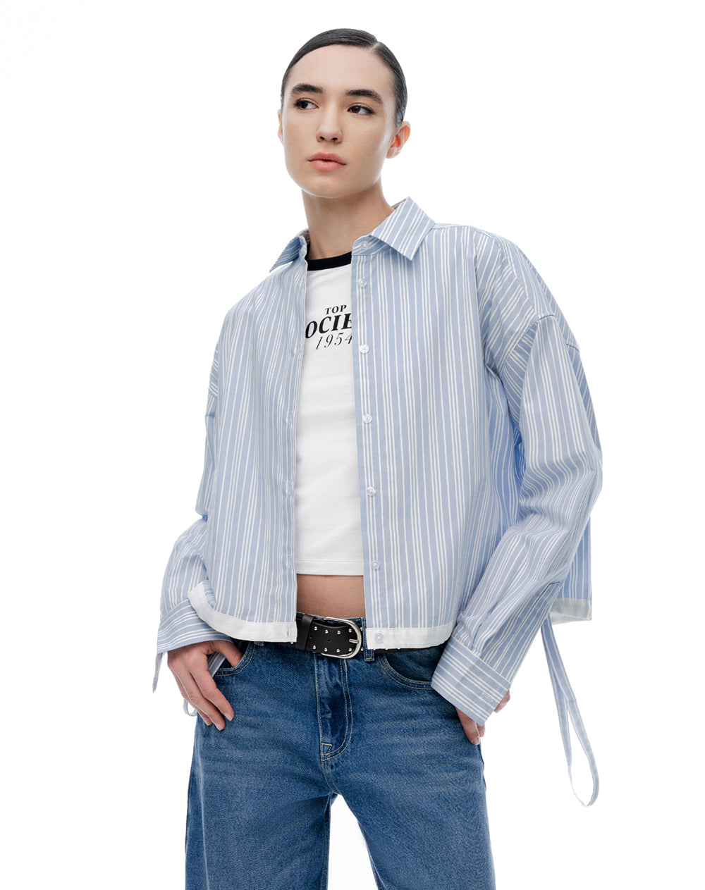 Camisa regular manga larga azul con rayas mujer