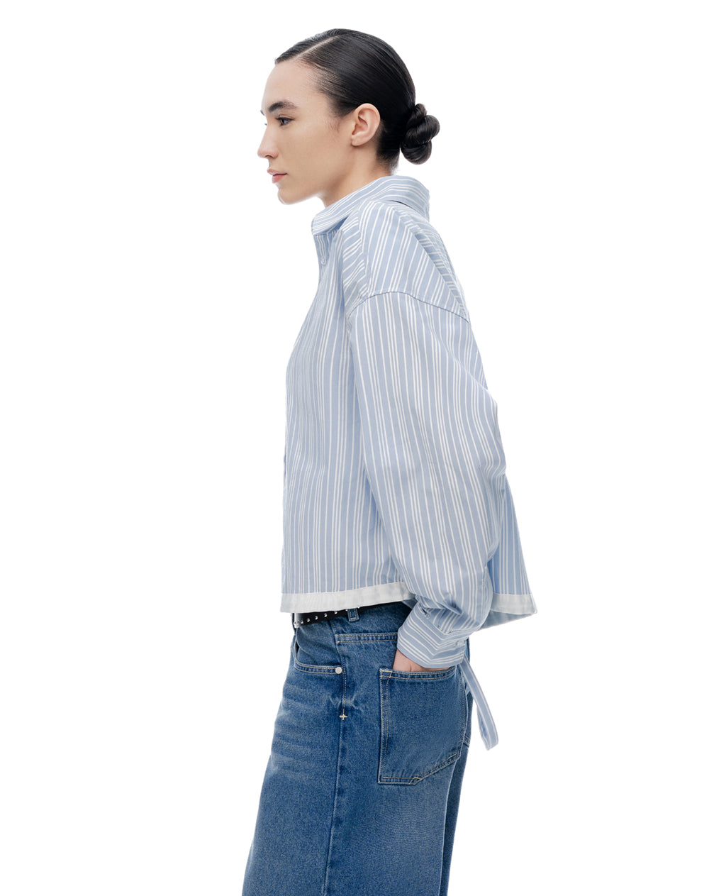 Camisa regular manga larga azul con rayas mujer