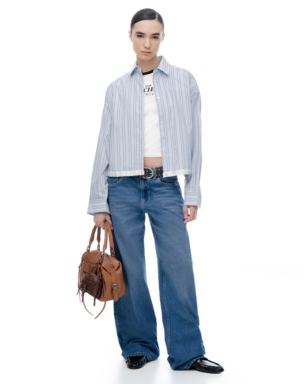 Camisa regular manga larga azul con rayas mujer