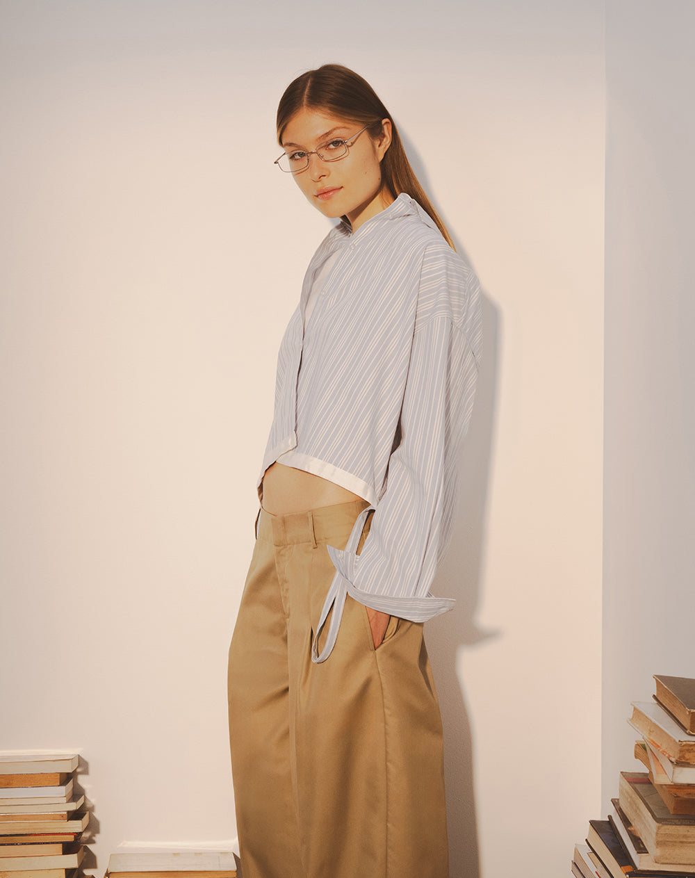 Camisa regular manga larga azul con rayas mujer