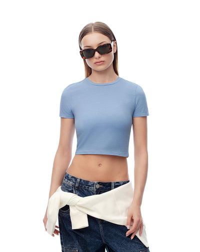 Camiseta crop slim algodón azul mujer