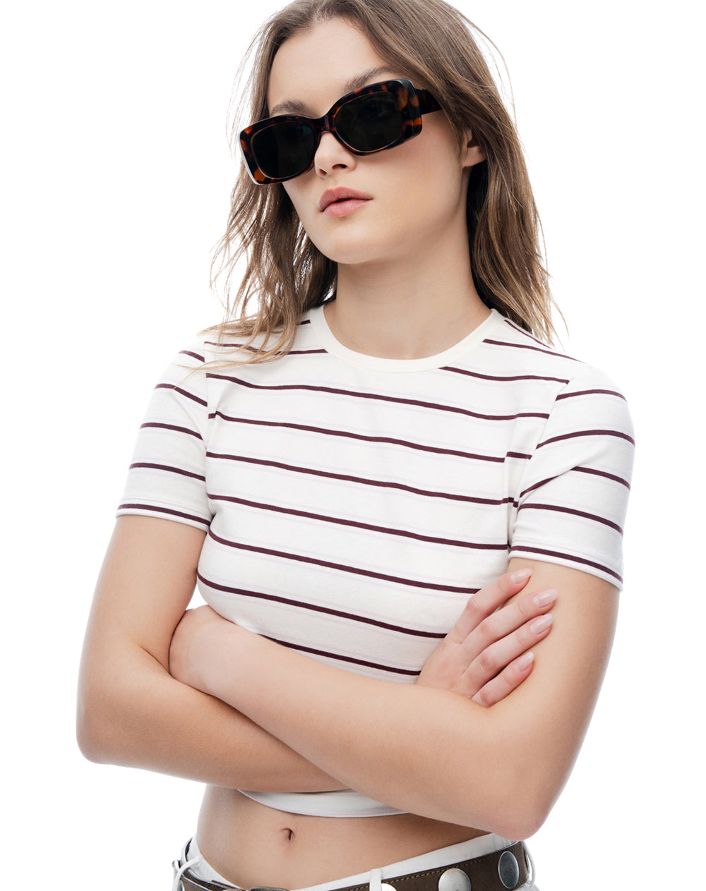 Camiseta slim manga corta crudo rayas mujer