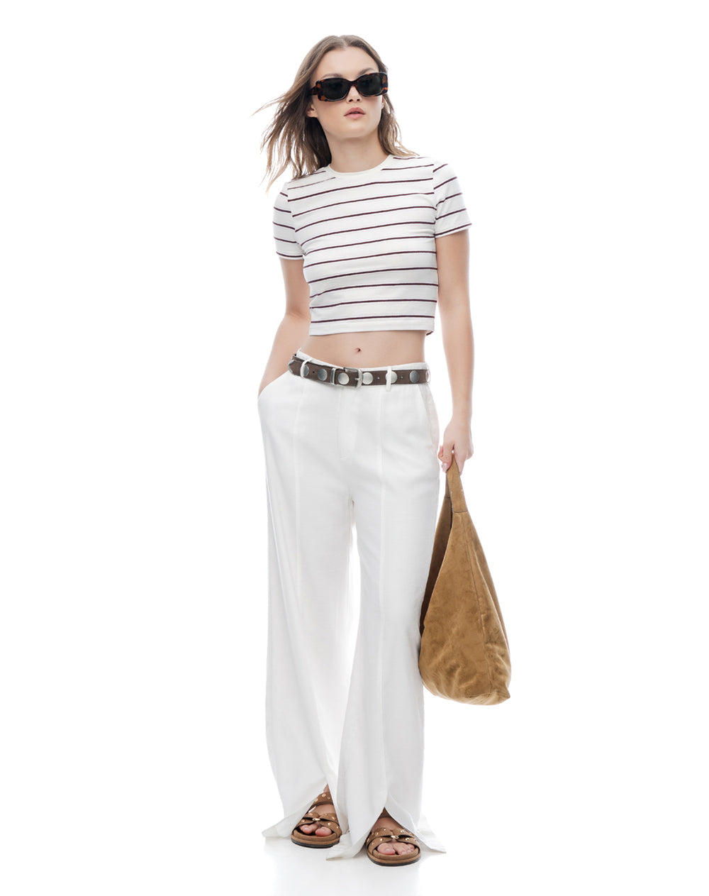 Camiseta slim manga corta crudo rayas mujer