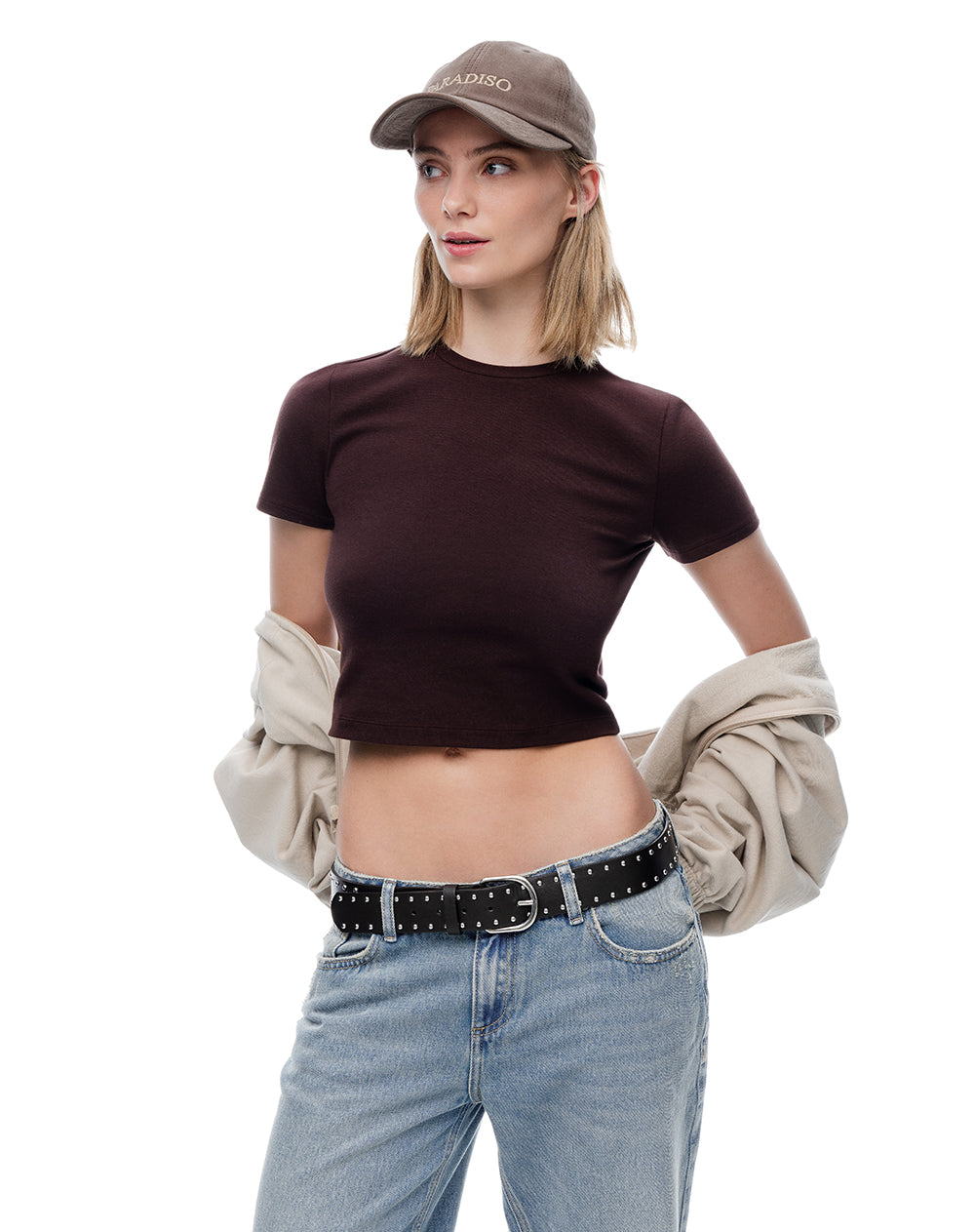 Camiseta crop slim algodón vino tinto mujer
