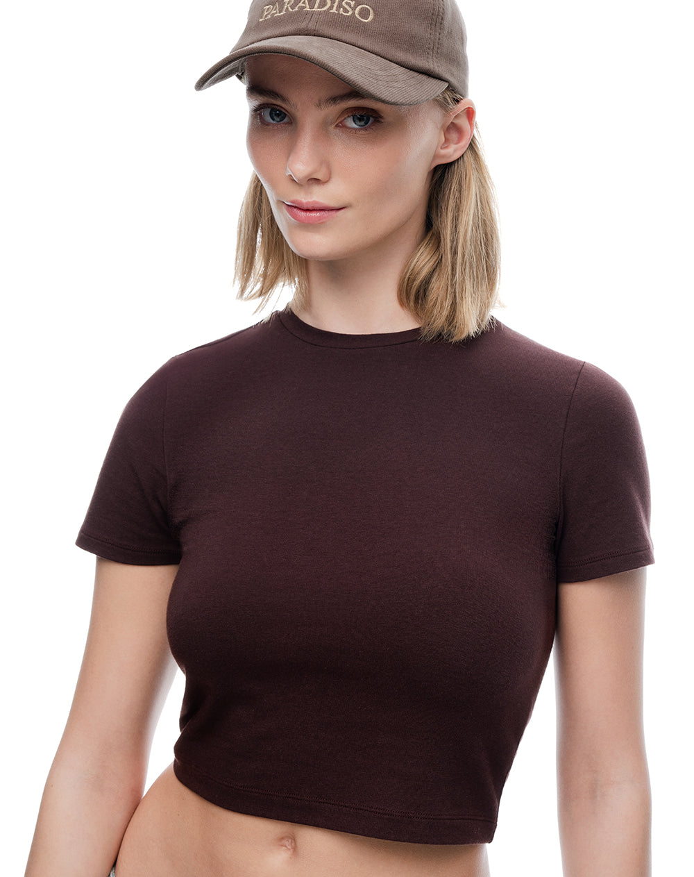 Camiseta crop slim algodón vino tinto mujer