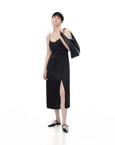Vestido midi satinado negro mujer