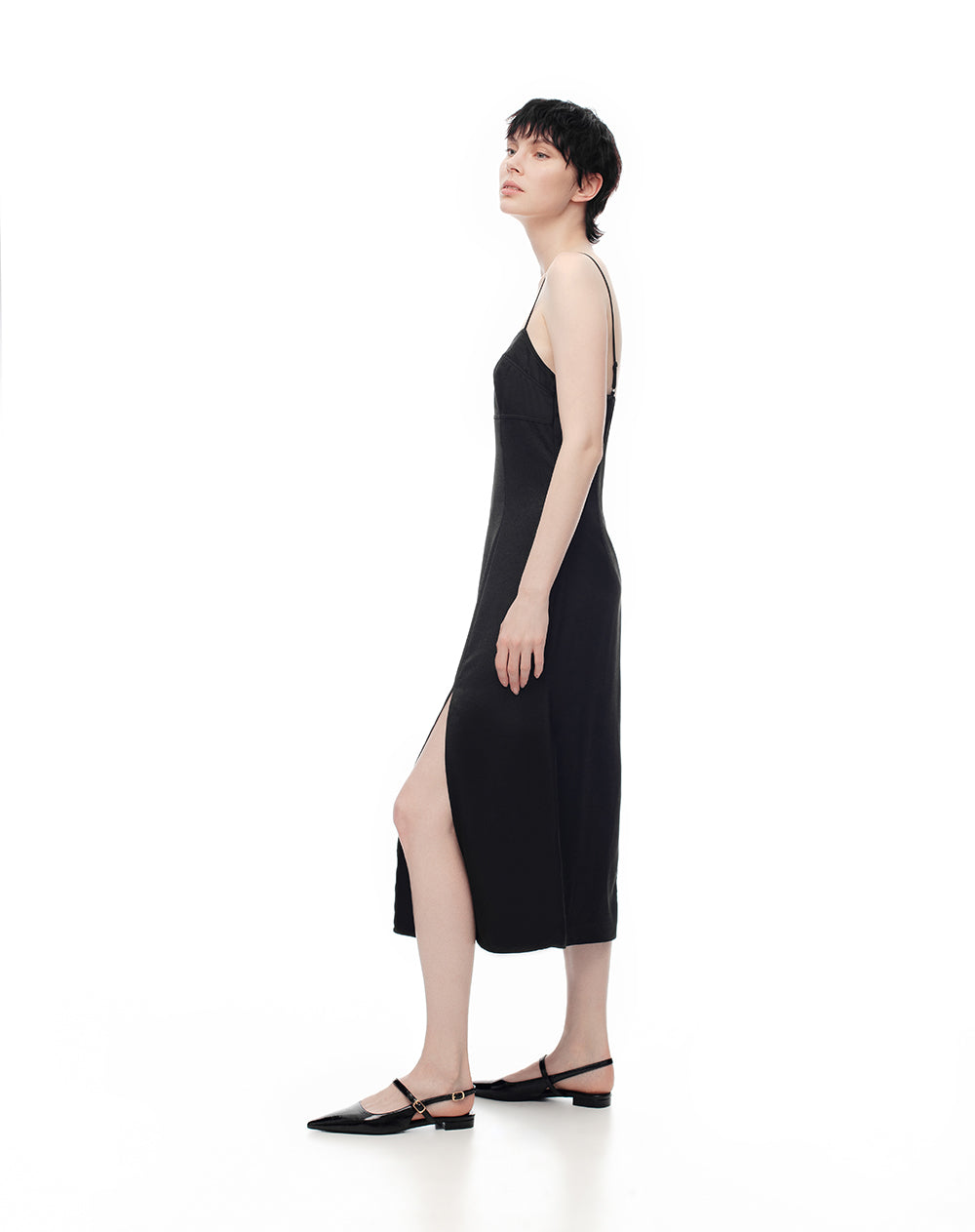 Vestido midi satinado negro mujer