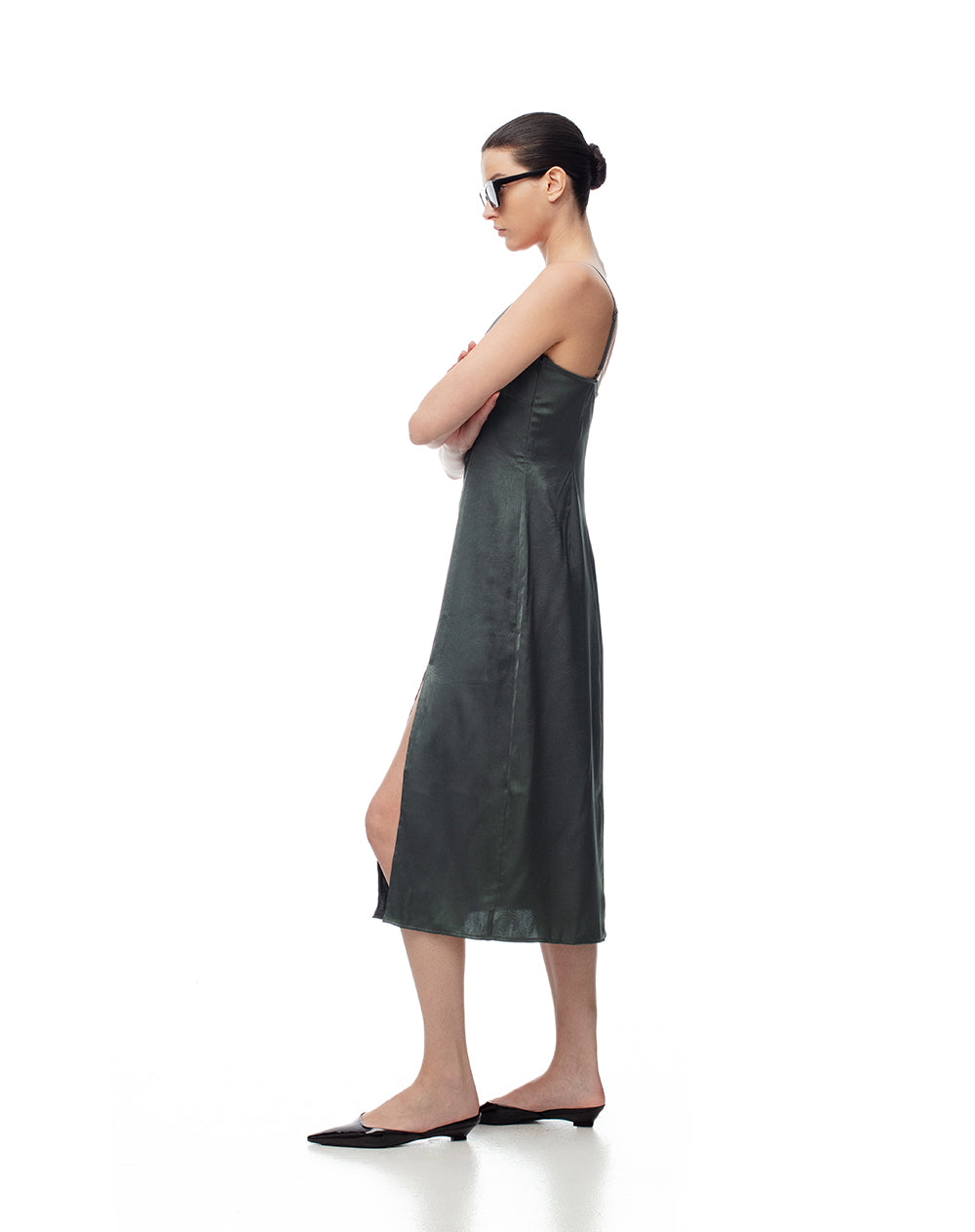 Vestido midi satinado verde mujer
