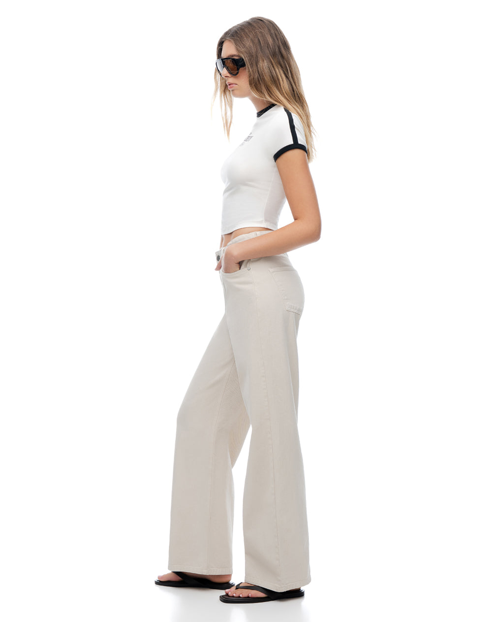 Jean wide leg tiro alto cinco bolsillos arena mujer