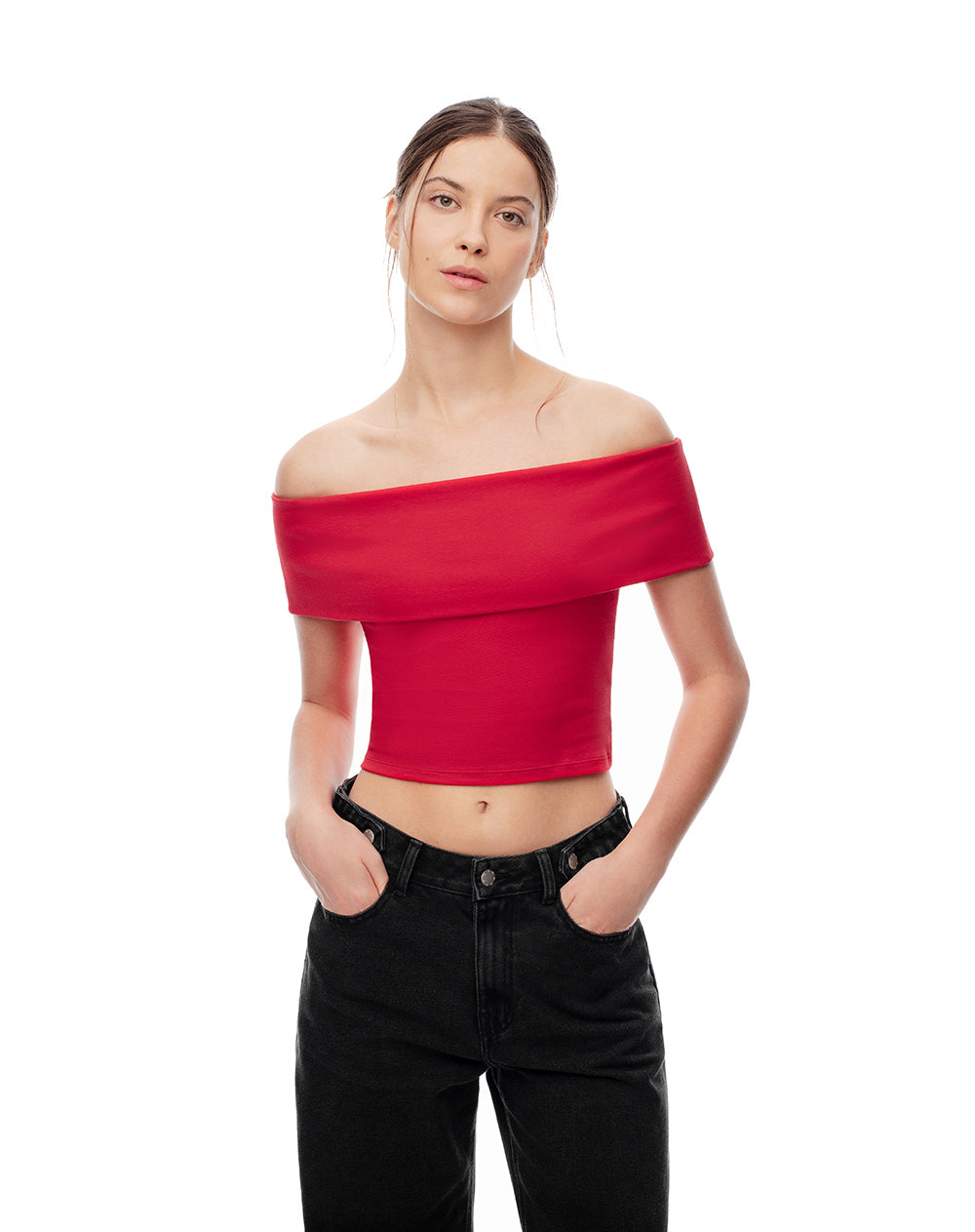 Top off-Shoulder slim algodón rojo mujer