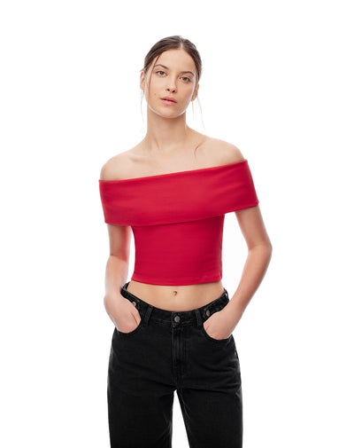 Top off-Shoulder slim algodón rojo mujer