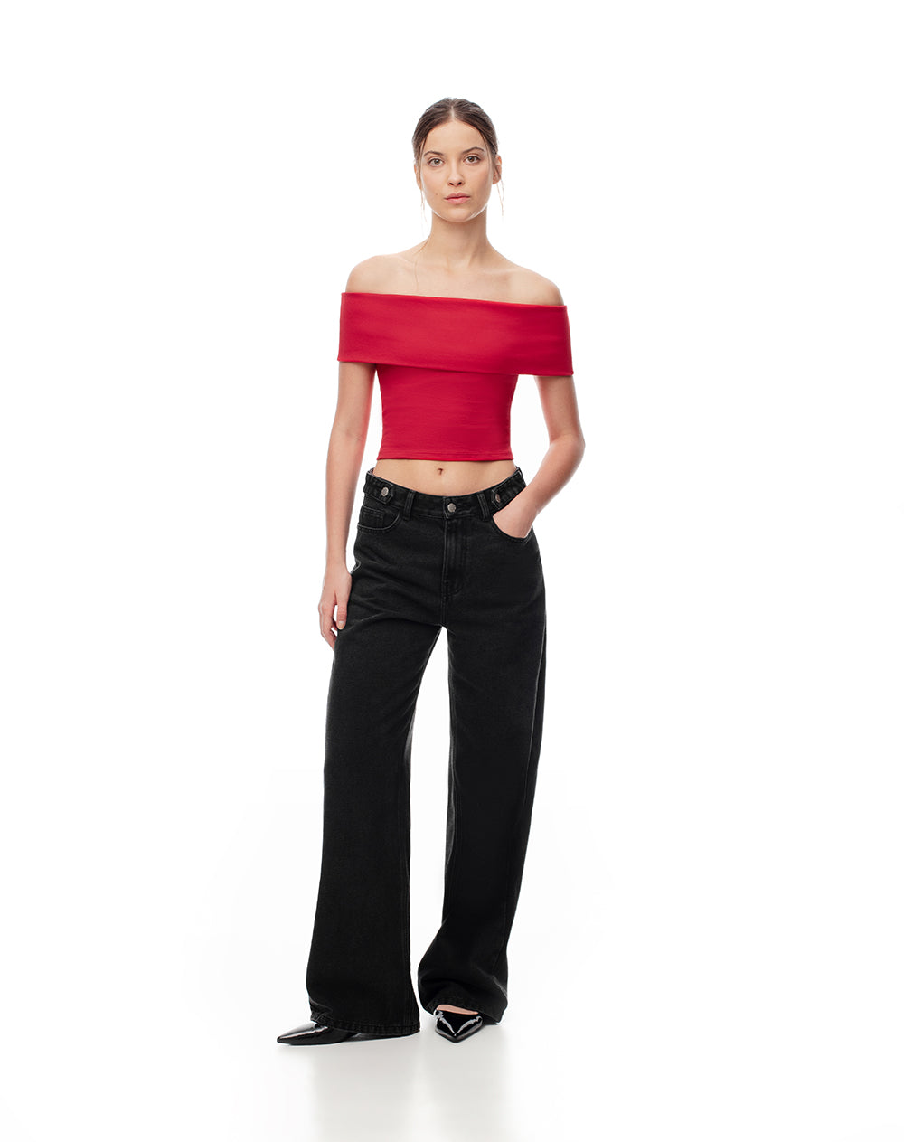 Top off-Shoulder slim algodón rojo mujer