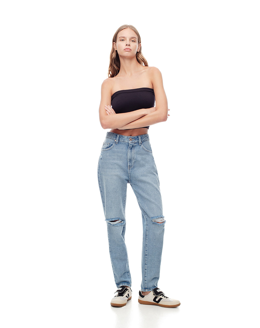 Jean mom fit fit tiro alto indigo medio