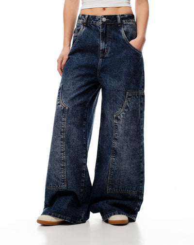 Jean wide leg utilitario tiro medio índigo oscuro mujer
