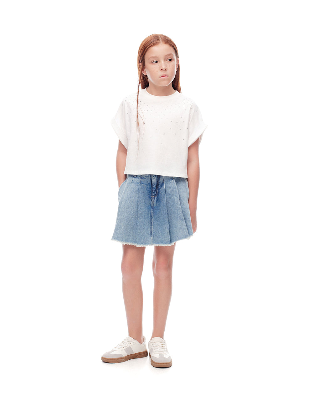Falda short denim índigo medio niña