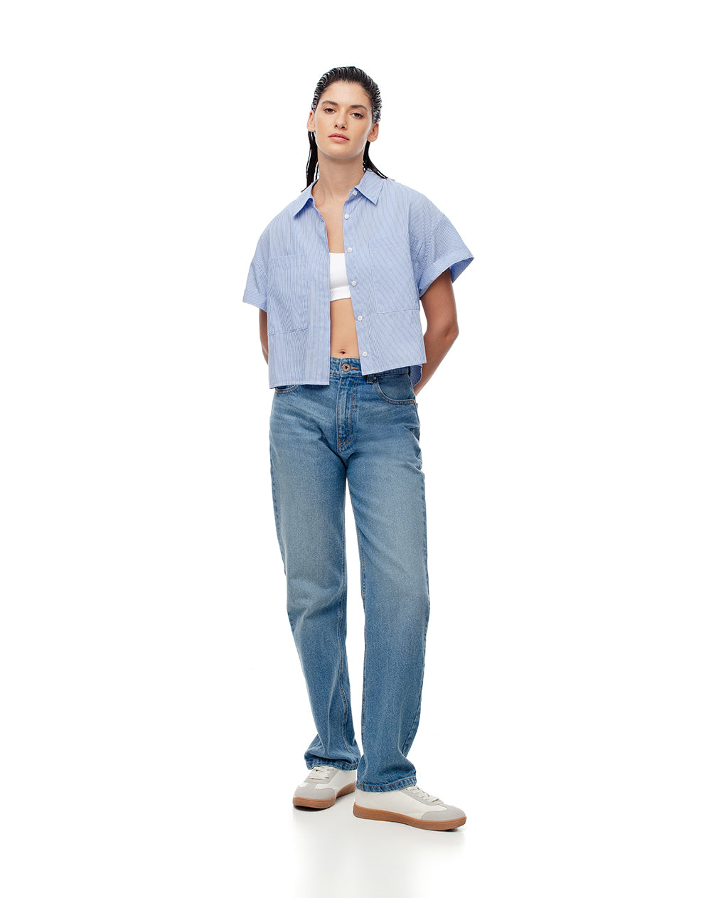 Camisa oversized fit manga corta blanca con rayas