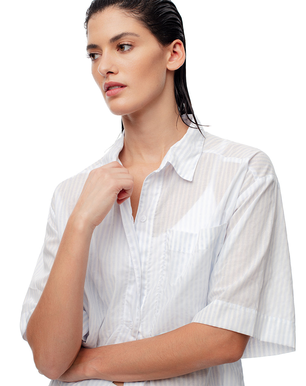Camisa relaxed fit manga corta rayas azules