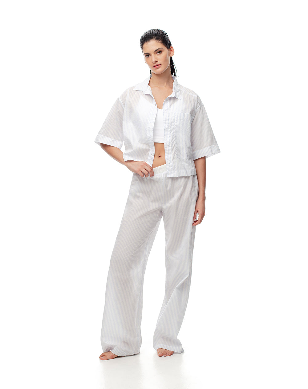 Camisa relaxed fit manga corta rayas azules