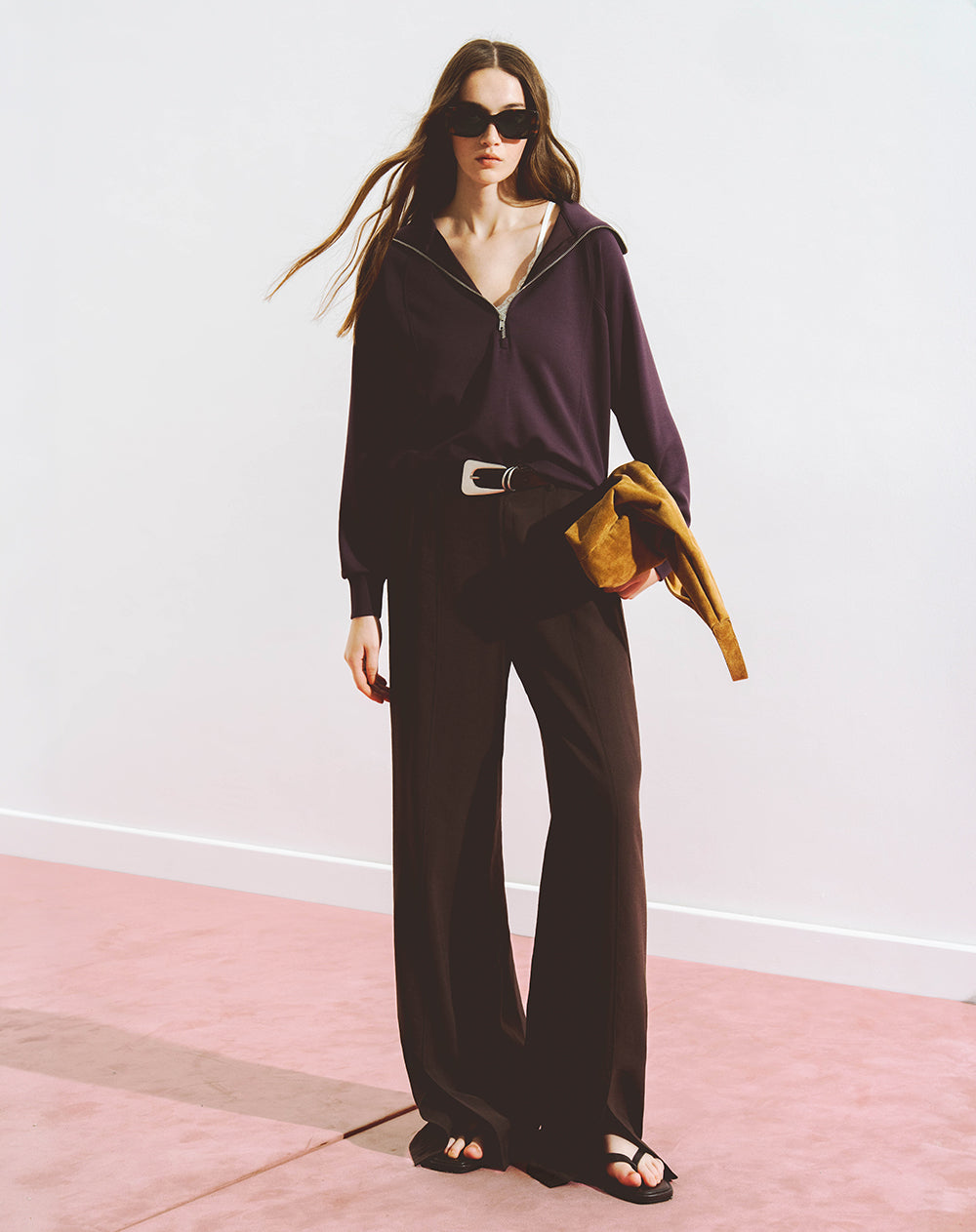 Pantalón wide leg tiro alto chocolate mujer