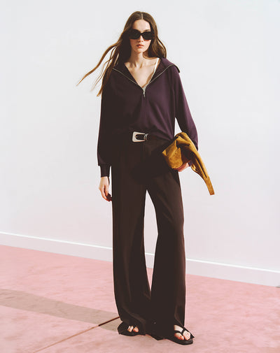 Pantalón wide leg tiro alto chocolate mujer