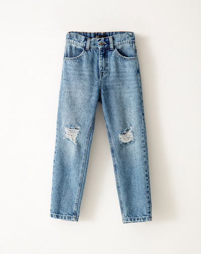 Jean mom fit tiro medio 100% algodón índigo medio niña