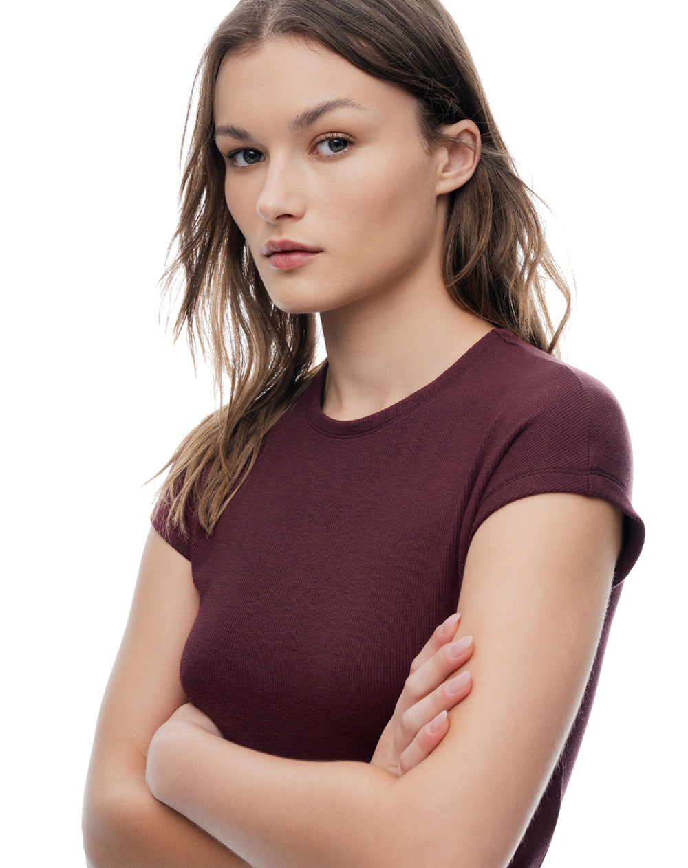 Camiseta slim manga corta vino tinto mujer