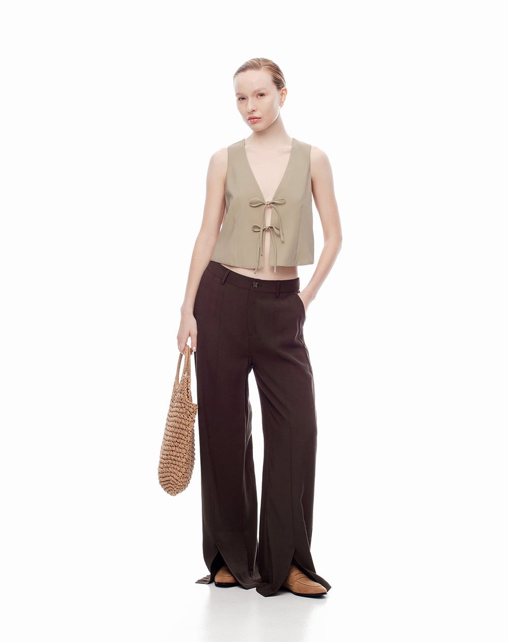 Chaleco crop anudado caqui mujer