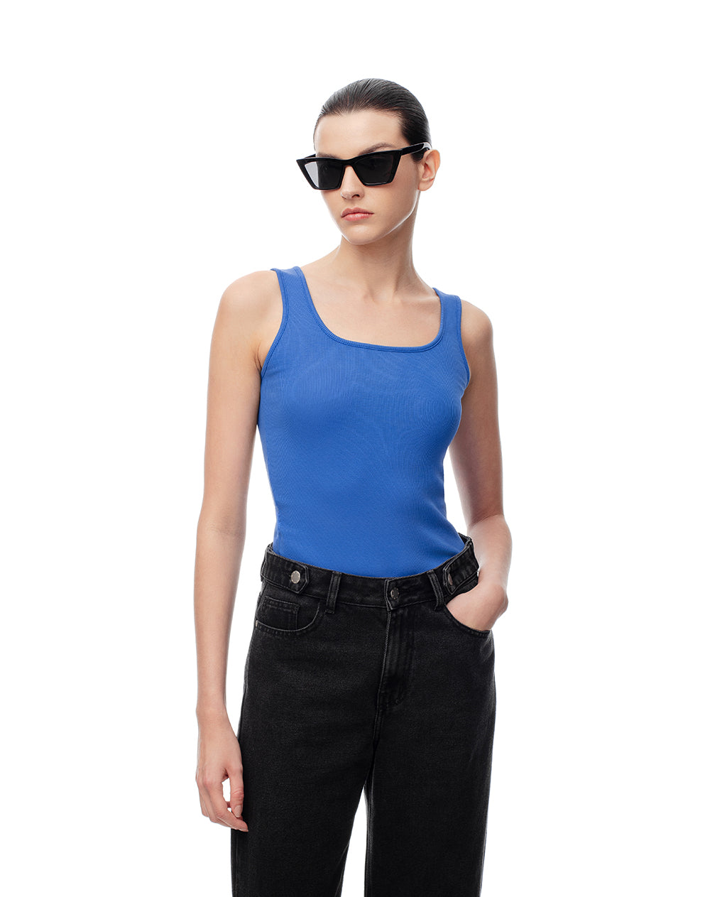 Camiseta manga sisa slim rib algodón azul mujer