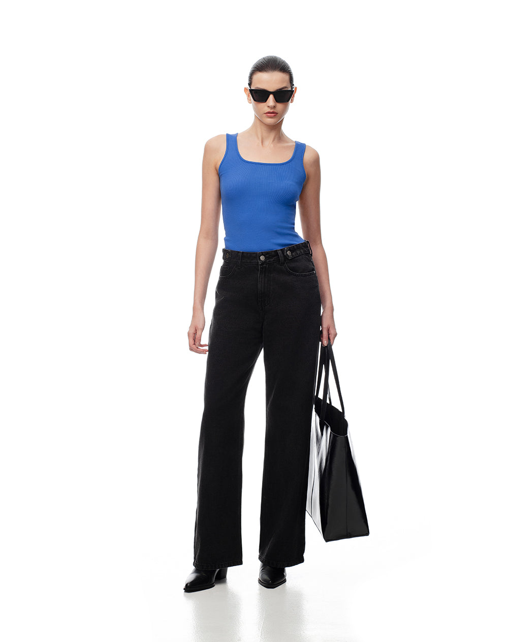 Camiseta manga sisa slim rib algodón azul mujer