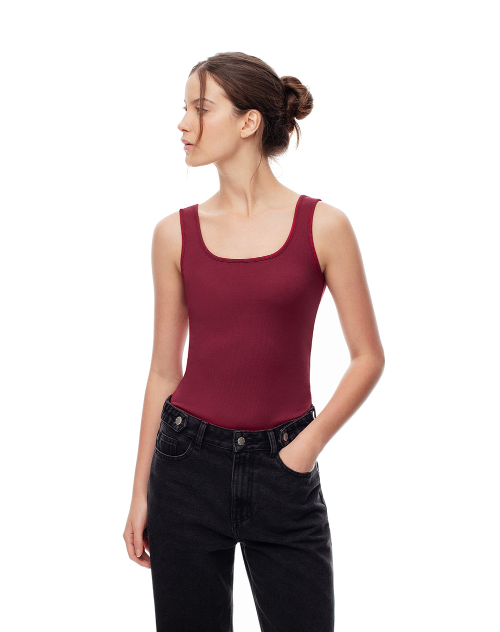 Camiseta slim sin mangas rib algodón vino tinto mujer