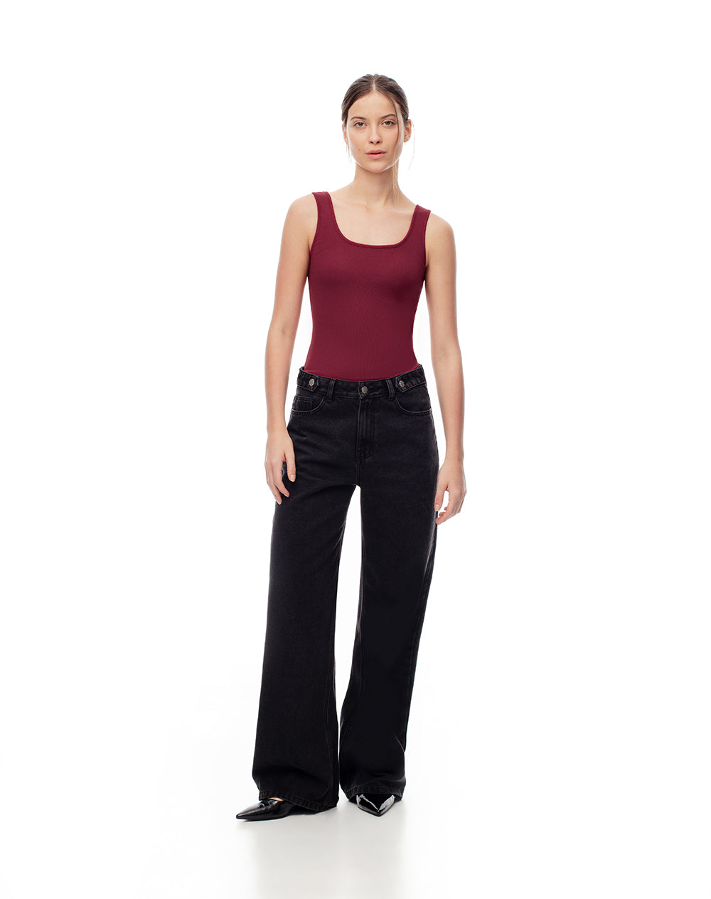 Camiseta slim sin mangas rib algodón vino tinto mujer
