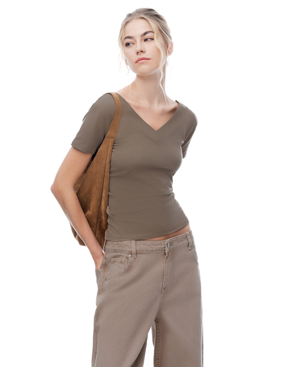 Camiseta regular uso 2 en 1 café mujer