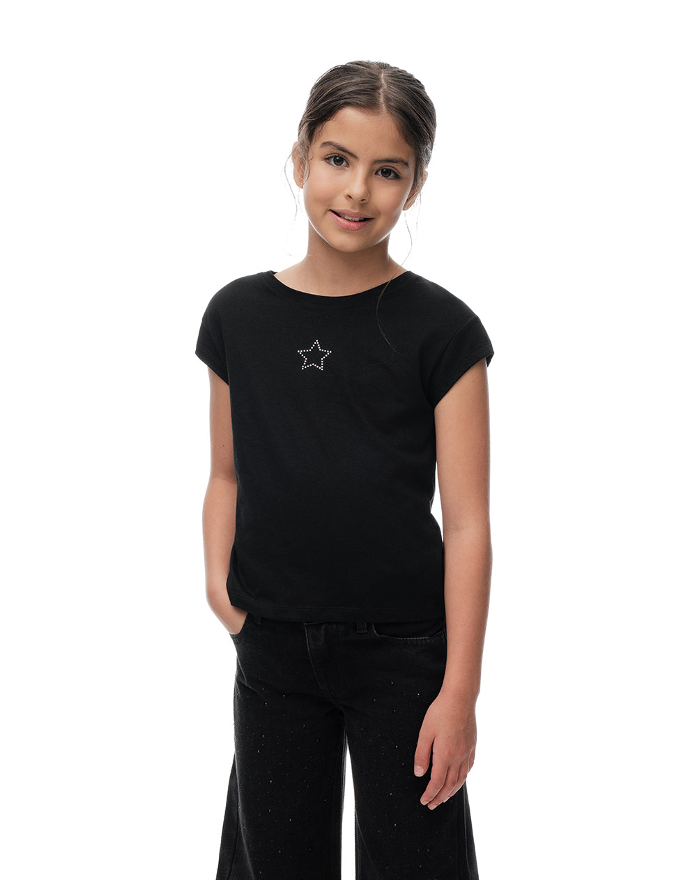 Camiseta regular algodón negra apliques brillo niña
