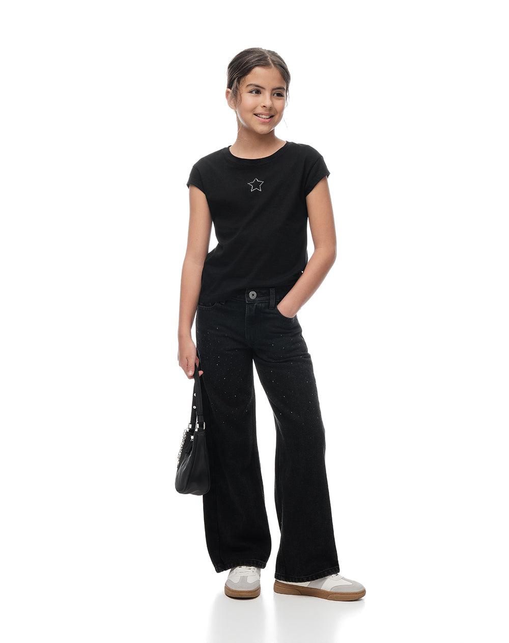 Camiseta regular algodón negra apliques brillo niña