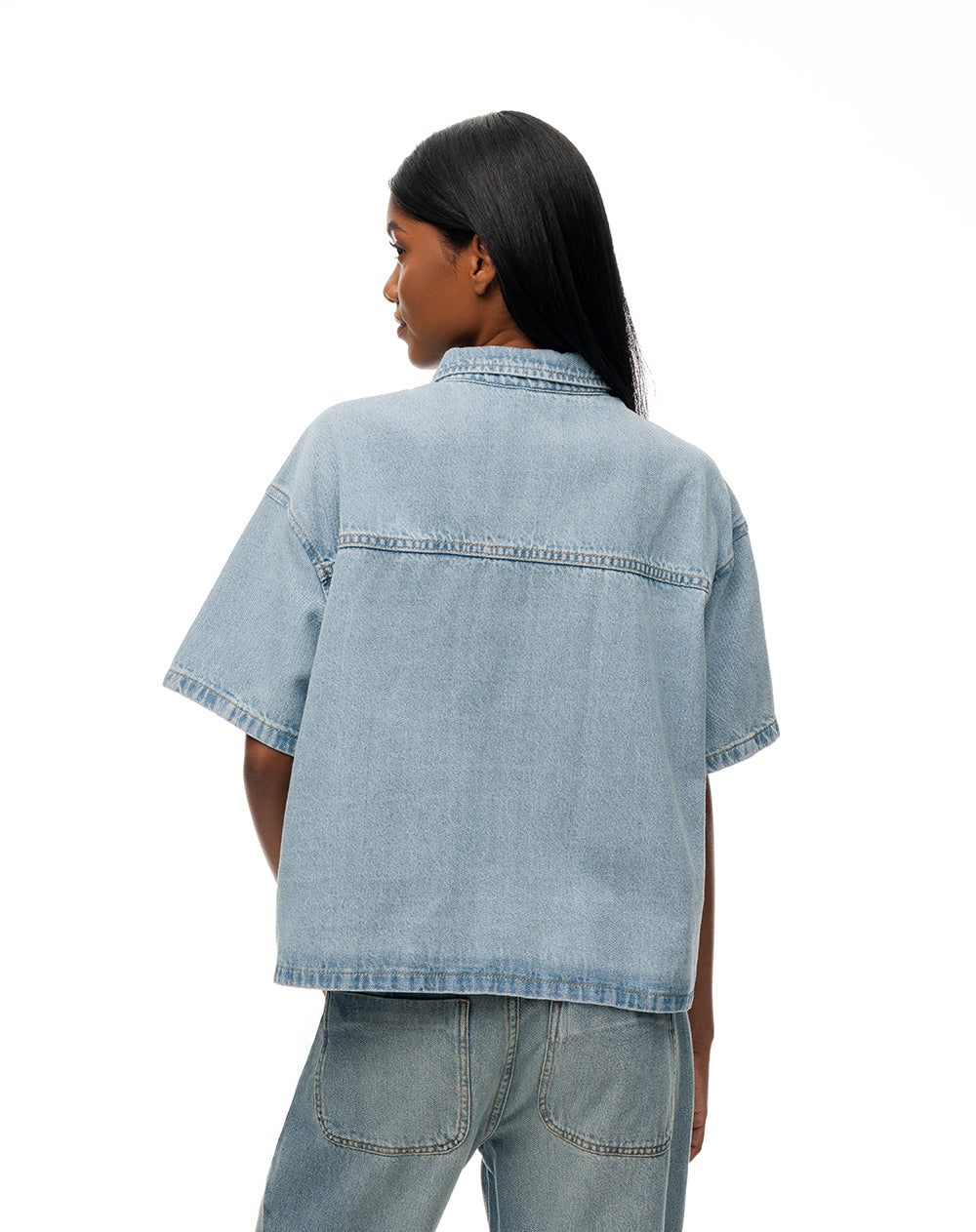 Camisa manga corta regular denim índigo medio mujer