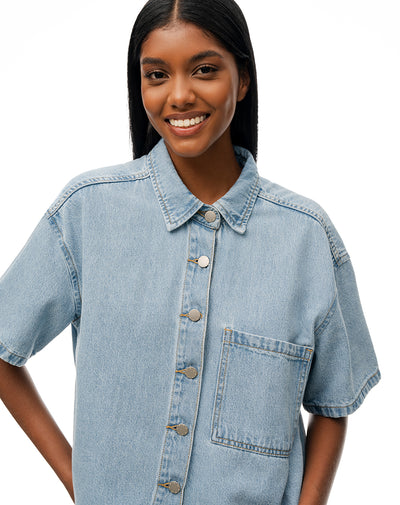Camisa manga corta regular denim índigo medio mujer