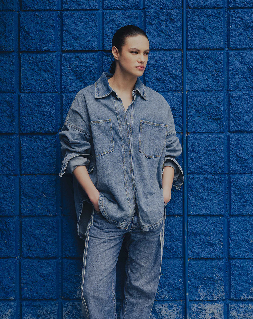 Chaqueta denim overshirt índigo medio mujer