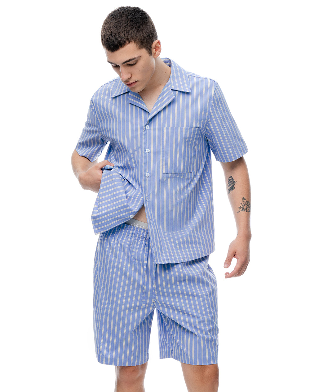Camisa + bermuda de pijama algodón azul con rayas hombre