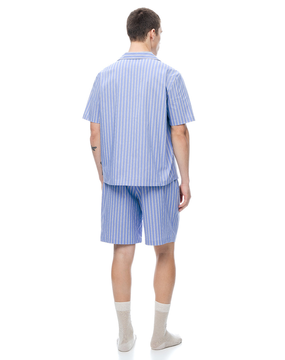 Camisa + bermuda de pijama algodón azul con rayas hombre