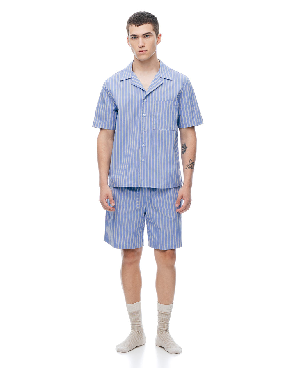Camisa + bermuda de pijama algodón azul con rayas hombre