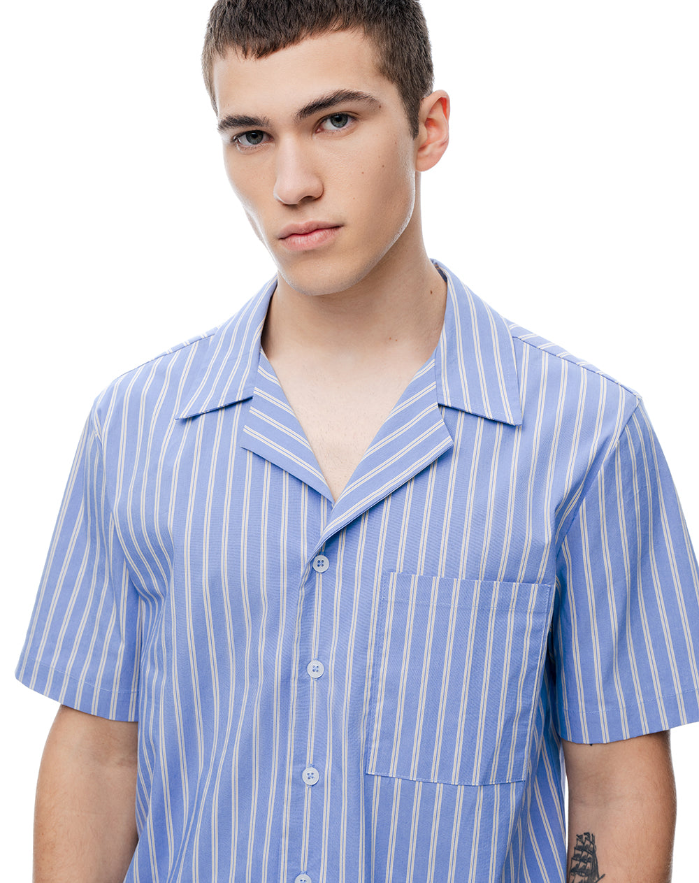 Camisa + bermuda de pijama algodón azul con rayas hombre