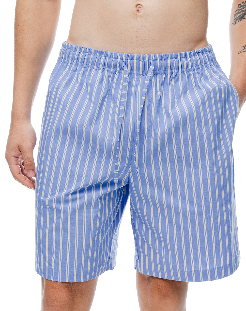 Camisa + bermuda de pijama algodón azul con rayas hombre